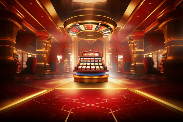 Arcade background with glowing dice and poker chips floating