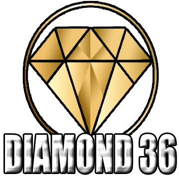Diamond36 logo with bright pink and orange gradient letters, gold sparkles radiating behind